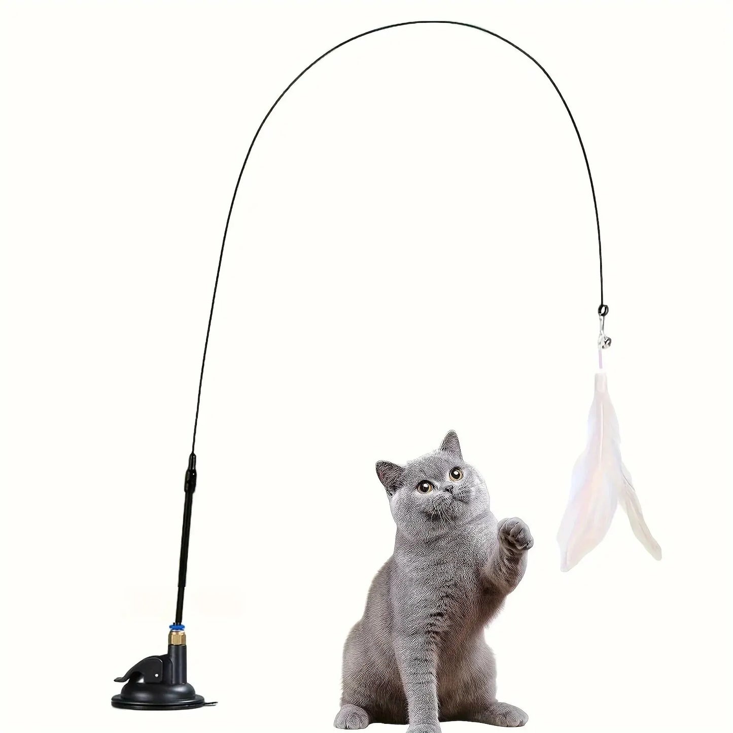 Katzen-Spielangel mit Feder & Glöckchen – Mit Saugnapf-Stab