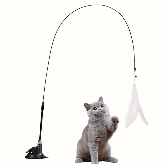 Katzen-Spielangel mit Feder & Glöckchen – Mit Saugnapf-Stab