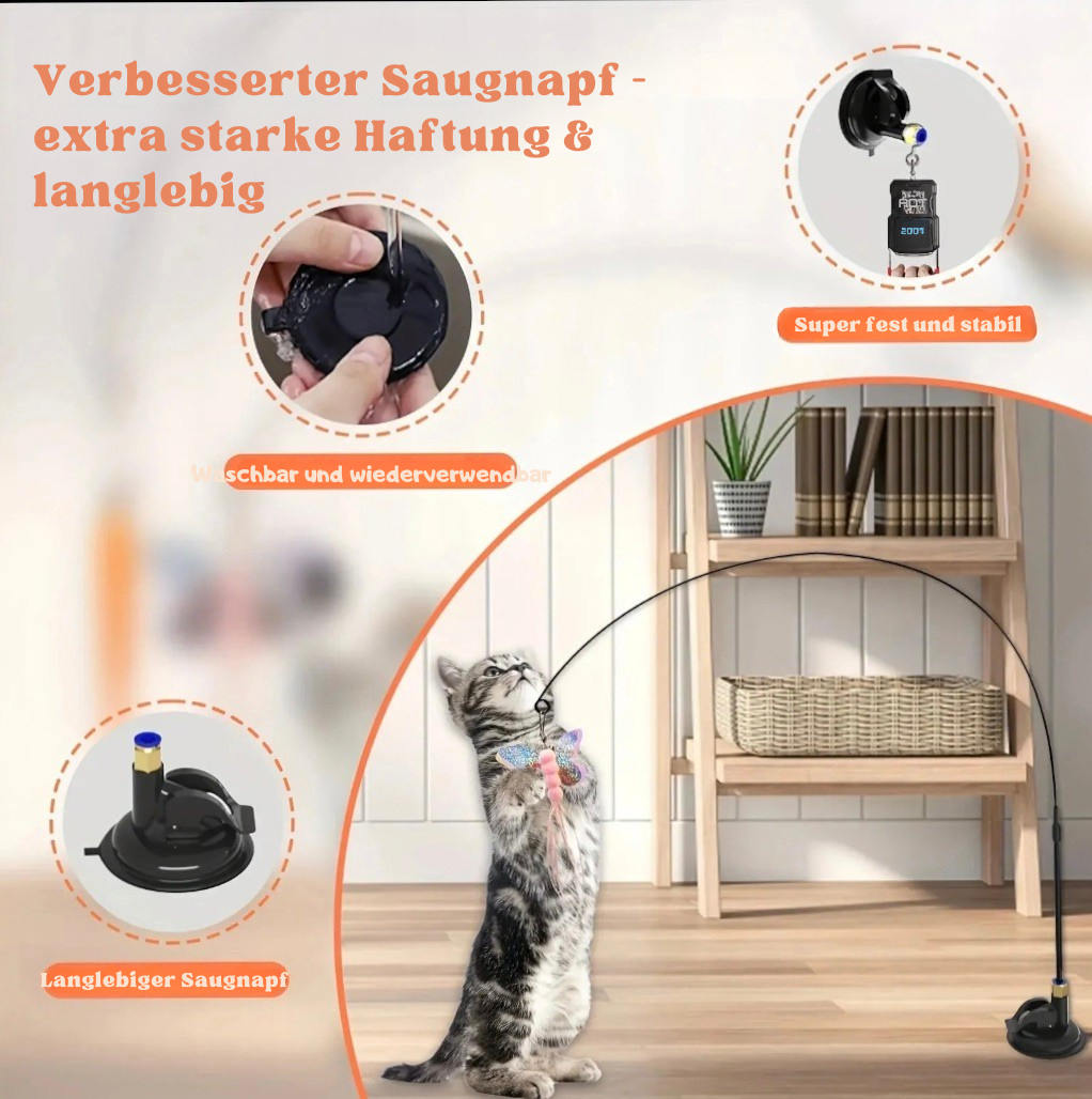 Katzen-Spielangel mit Feder & Glöckchen – Mit Saugnapf-Stab